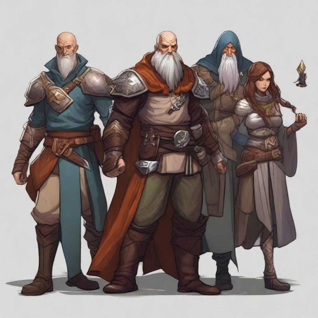 Create an image of a team from Dungeons and Dragons consisting of a human wizard, a dragonborn fighter, a high elf rogue, and a dwarf druid