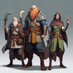 Create an image of a team from Dungeons and Dragons consisting of a human wizard, a dragonborn fighter, a high elf rogue, and a dwarf druid