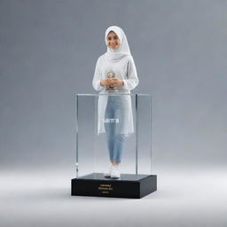 A crystal glass box resembling an award with 'Samra' and 'Best designer award' inscribed. Includes a 3D female designer with a smiling face, wearing a hijab, jeans shirt, and white sneakers. Render with realism and a digital art-style.