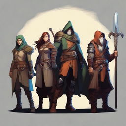 Create an image of a team from Dungeons and Dragons consisting of a human wizard, a dragonborn fighter, a high elf rogue, and a dwarf druid