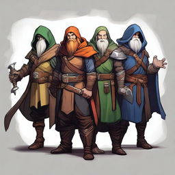 Create an image of a team from Dungeons and Dragons consisting of a human wizard, a dragonborn fighter, a high elf rogue, and a dwarf druid