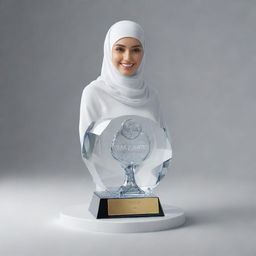 A crystal glass box resembling an award with 'Samra' and 'Best designer award' inscribed. Includes a 3D female designer with a smiling face, wearing a hijab, jeans shirt, and white sneakers. Render with realism and a digital art-style.