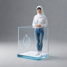 A crystal glass box resembling an award with 'Samra' and 'Best designer award' inscribed. Includes a 3D female designer with a smiling face, wearing a hijab, jeans shirt, and white sneakers. Render with realism and a digital art-style.