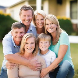 A warm and loving family portrait featuring parents and their children, all with bright smiles on their faces