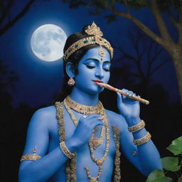 A vivid portrait of Krishna, the blue-skinned deity, playing the flute under a moonlit night amidst a serene grove.