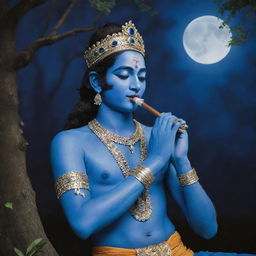 A vivid portrait of Krishna, the blue-skinned deity, playing the flute under a moonlit night amidst a serene grove.