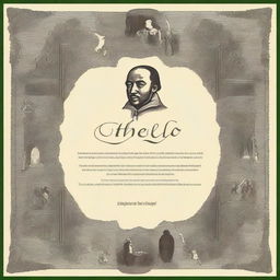 Create a poster for the theatrical play "Othello" by William Shakespeare in a historical style, incorporating details from the book and manuscripts