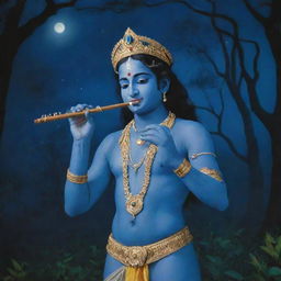 A vivid portrait of Krishna, the blue-skinned deity, playing the flute under a moonlit night amidst a serene grove.