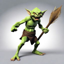 Generate an image of a goblin brandishing a spear, his face contorted in a fearsome scream