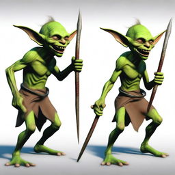 Generate an image of a goblin brandishing a spear, his face contorted in a fearsome scream