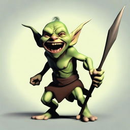 Generate an image of a goblin brandishing a spear, his face contorted in a fearsome scream