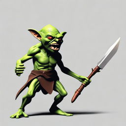 Generate an image of a goblin brandishing a spear, his face contorted in a fearsome scream