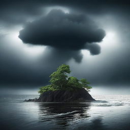 Create a poster image of a small, isolated island viewed from a distance