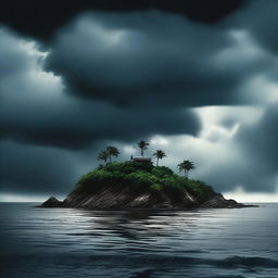 Create a poster image of a small, isolated island viewed from a distance