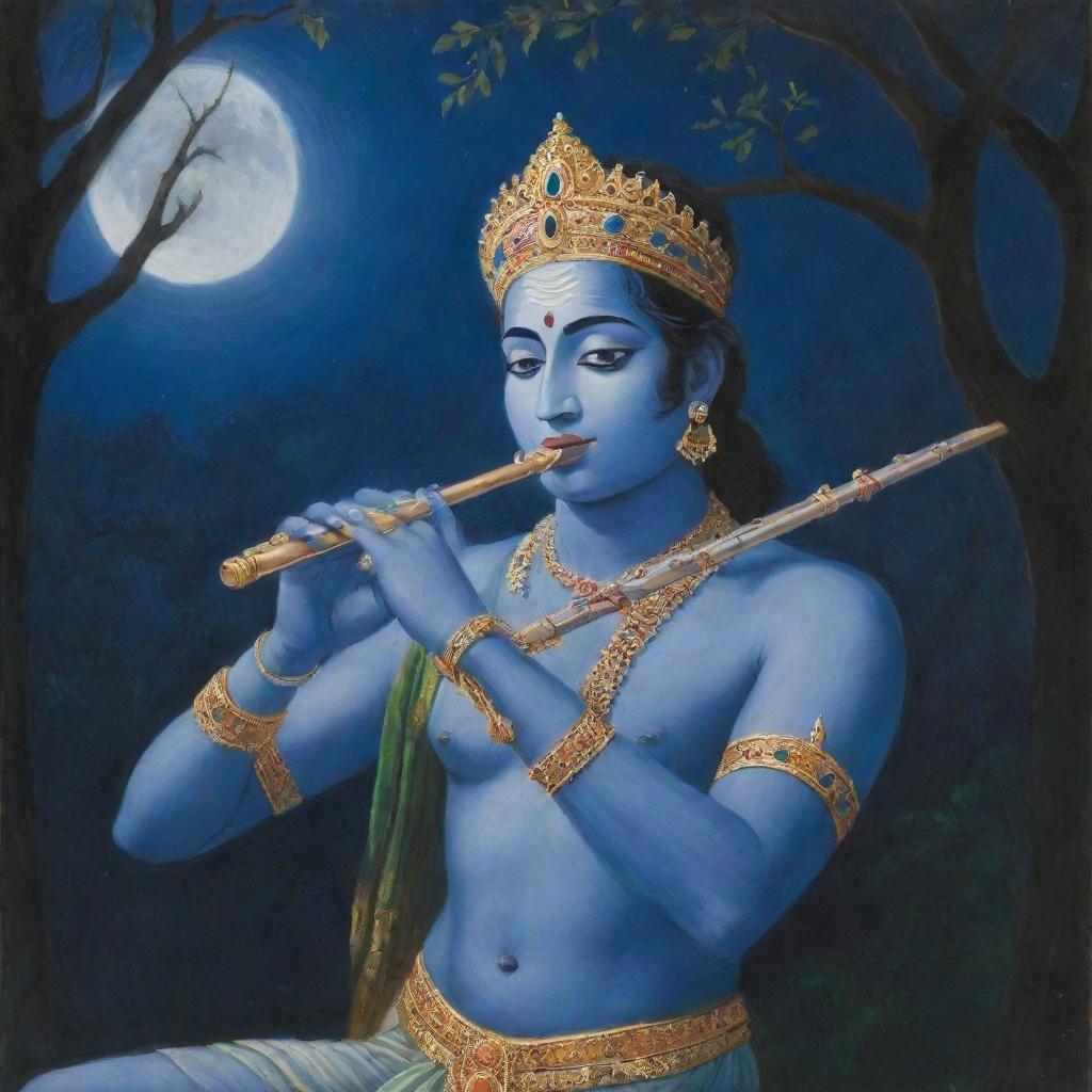 A vivid portrait of Krishna, the blue-skinned deity, playing the flute under a moonlit night amidst a serene grove.