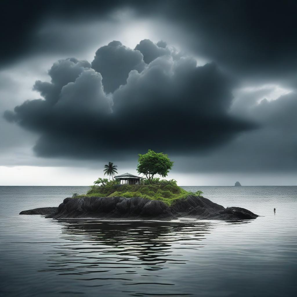 Create a poster image of a small, isolated island viewed from a distance