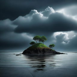 Create a poster image of a small, isolated island viewed from a distance