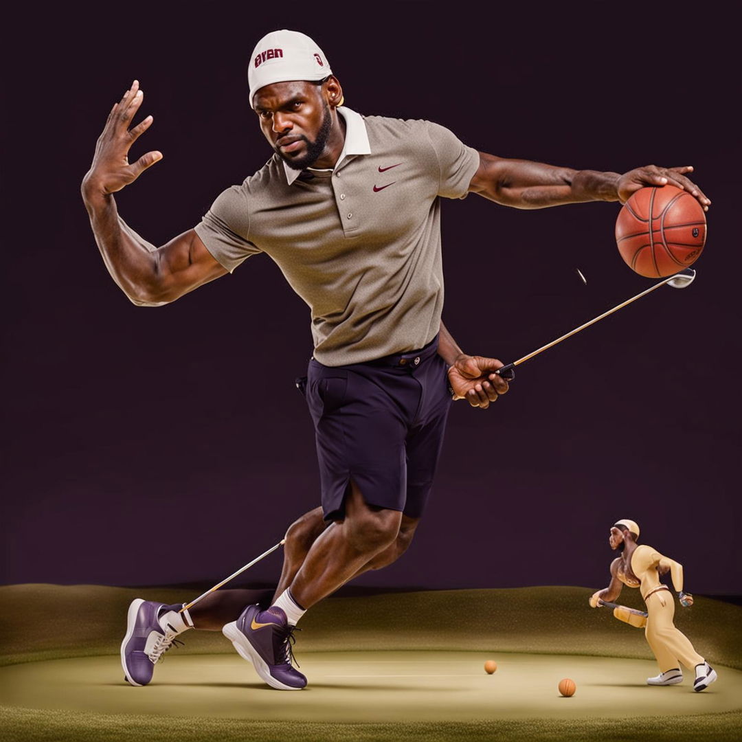 A humorous image of Lebron James being fouled while golfing, with elements from both basketball and golf present in the scene