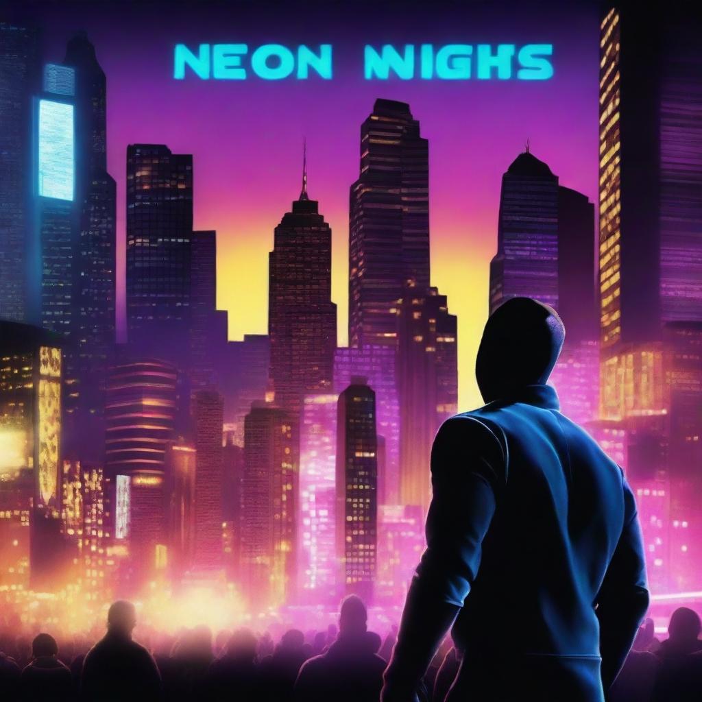 Create a dynamic and eye-catching movie poster with a futuristic cityscape in the background and a silhouette of a mysterious hero in the foreground