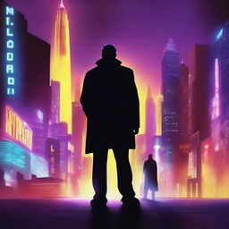 Create a dynamic and eye-catching movie poster with a futuristic cityscape in the background and a silhouette of a mysterious hero in the foreground