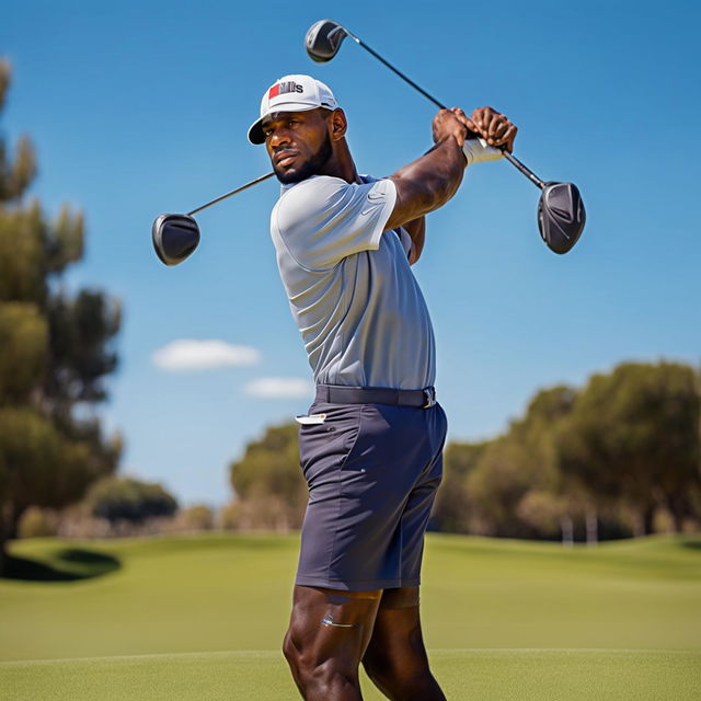 An image of Lebron James playing golf on a sunny day, with elements that reflect his basketball identity.