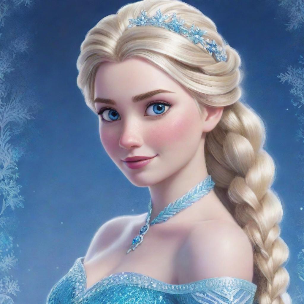 A vibrant, detailed illustration of Elsa from Disney's Frozen, showcasing her icy blue gown, long blonde braid, and majestic ice powers, set in the magical snow-covered kingdom of Arendelle.