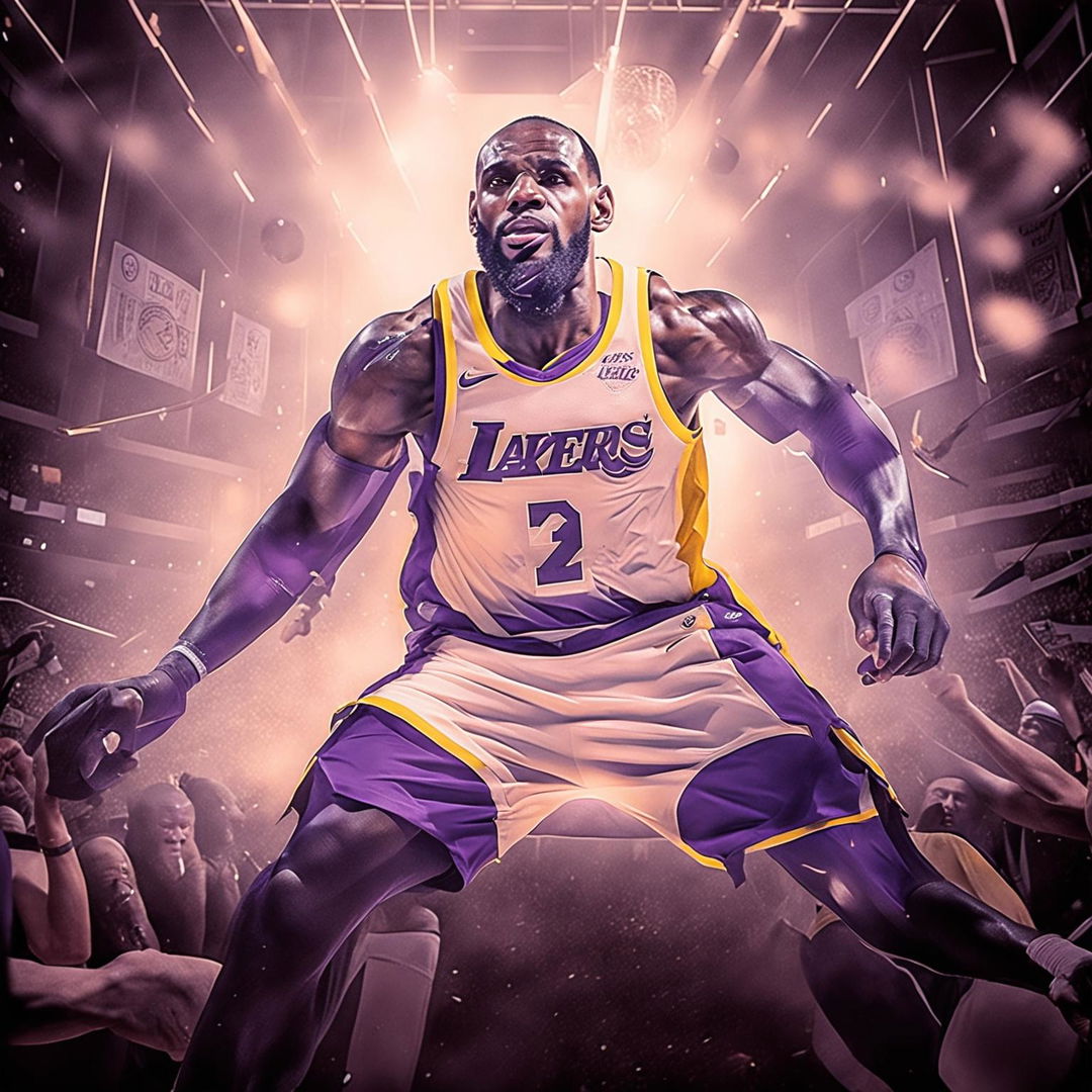 An image of Lebron James in his Lakers uniform, dribbling a basketball in a packed stadium