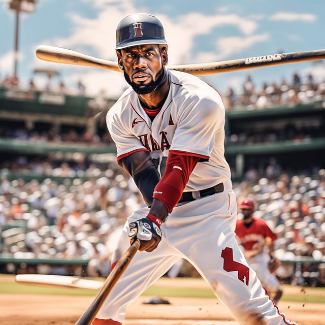 An image of Lebron James in a baseball uniform, swinging a baseball bat in a baseball field