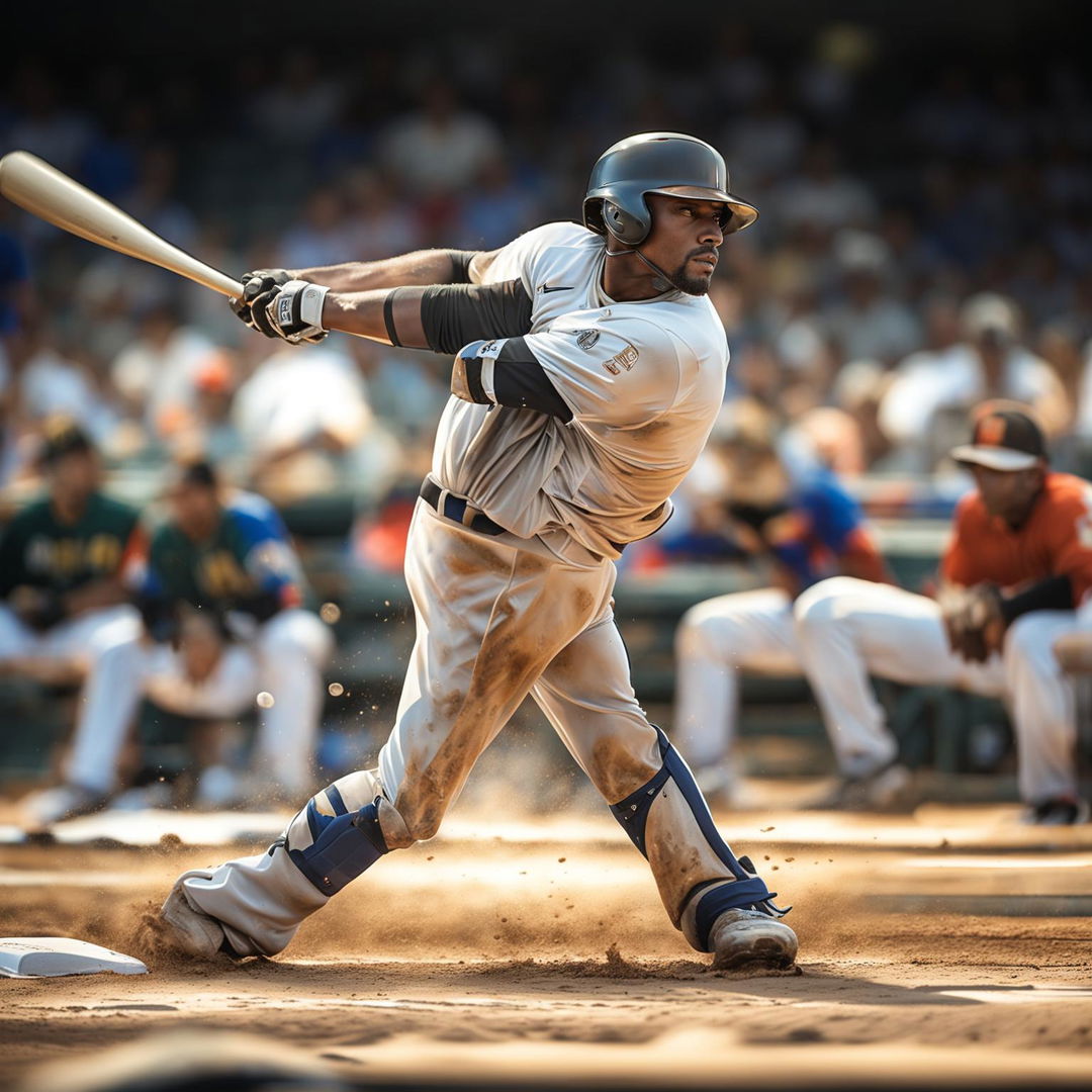 An image of a baseball player in action, swinging at a ball