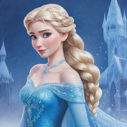 A vibrant, detailed illustration of Elsa from Disney's Frozen, showcasing her icy blue gown, long blonde braid, and majestic ice powers, set in the magical snow-covered kingdom of Arendelle.