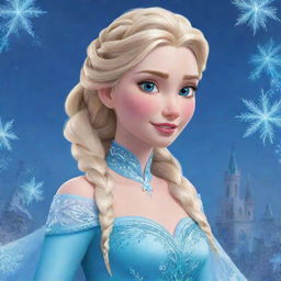 A vibrant, detailed illustration of Elsa from Disney's Frozen, showcasing her icy blue gown, long blonde braid, and majestic ice powers, set in the magical snow-covered kingdom of Arendelle.