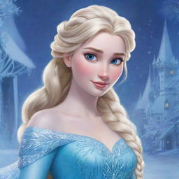 A vibrant, detailed illustration of Elsa from Disney's Frozen, showcasing her icy blue gown, long blonde braid, and majestic ice powers, set in the magical snow-covered kingdom of Arendelle.