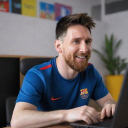 An amusing and fun-filled image featuring Lionel Messi joyfully playing Roblox on a computer screen. Messi is casually dressed and appears focused on the game, his face illuminated by the game's colorful graphics.