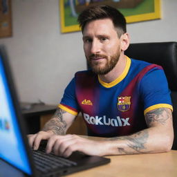 An amusing and fun-filled image featuring Lionel Messi joyfully playing Roblox on a computer screen. Messi is casually dressed and appears focused on the game, his face illuminated by the game's colorful graphics.