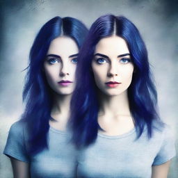 Generate a mystery/thriller book cover featuring two twin sisters who are similar but not identical