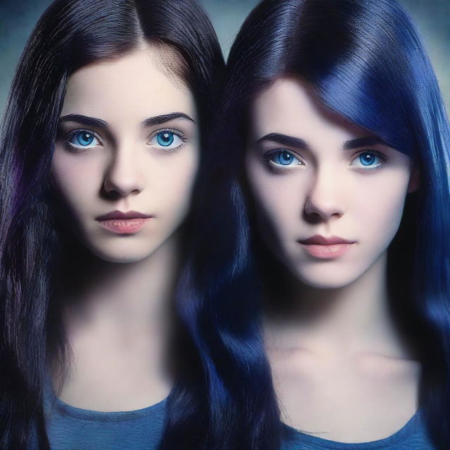 Generate a mystery/thriller book cover featuring two 18-year-old twin sisters who are similar but not identical