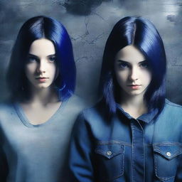 Generate a mystery/thriller book cover featuring two 18-year-old twin sisters who are similar but not identical