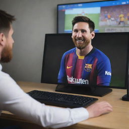 An amusing and fun-filled image featuring Lionel Messi joyfully playing Roblox on a computer screen. Messi is casually dressed and appears focused on the game, his face illuminated by the game's colorful graphics.