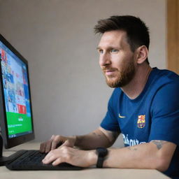 An amusing and fun-filled image featuring Lionel Messi joyfully playing Roblox on a computer screen. Messi is casually dressed and appears focused on the game, his face illuminated by the game's colorful graphics.