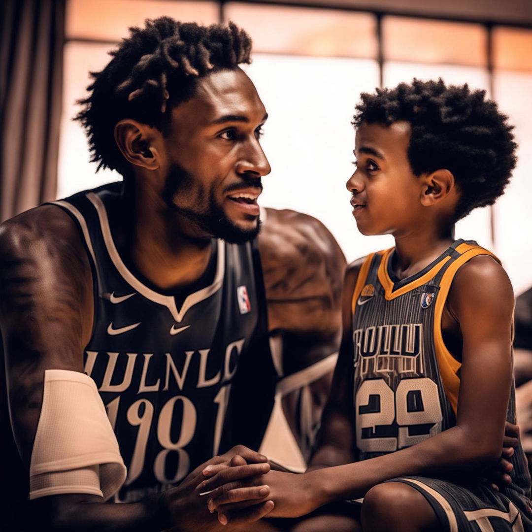 An image depicting basketball players Luka Doncic and Devin Booker as father and son, with Luka portrayed as the older father figure and Devin as his young son