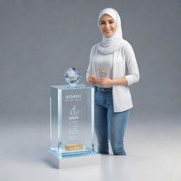 A 3D realistic image of a crystal glass award box bearing the name 'Samra' and 'Best Designer Award'. Inside the box, create a 3D smiling female designer wearing hijab, jeans shirt, and white sneakers. She stands confidently next to the award. Render in digital art style.