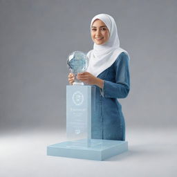 A 3D realistic image of a crystal glass award box bearing the name 'Samra' and 'Best Designer Award'. Inside the box, create a 3D smiling female designer wearing hijab, jeans shirt, and white sneakers. She stands confidently next to the award. Render in digital art style.