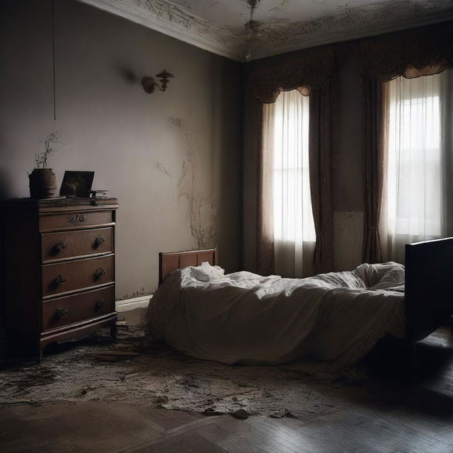 Generate an image of a dramatic scene where a woman is lying dead on a bed, and the room is in disarray, suggesting a struggle or a violent incident