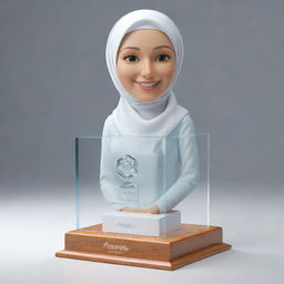 A 3D realistic image of a crystal glass award box bearing the name 'Samra' and 'Best Designer Award'. Inside the box, create a 3D smiling female designer wearing hijab, jeans shirt, and white sneakers. She stands confidently next to the award. Render in digital art style.