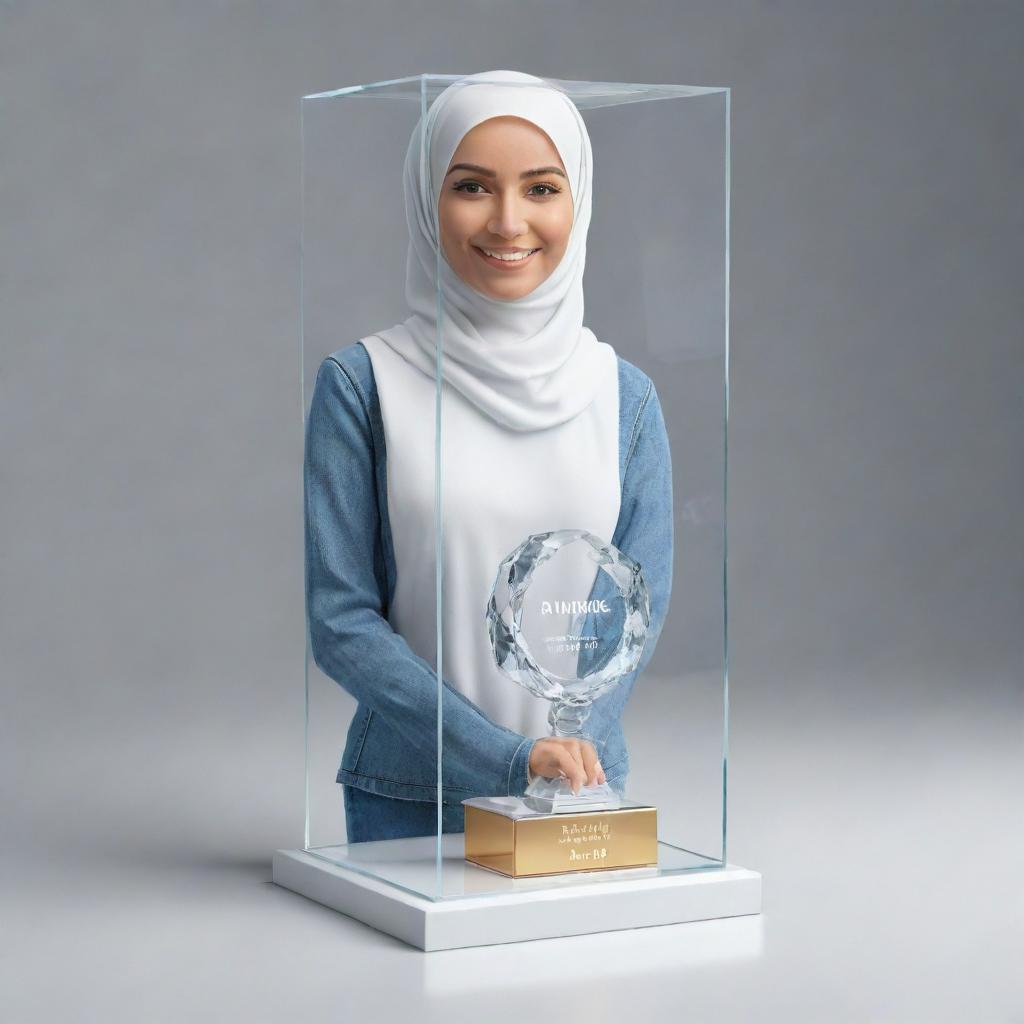 A 3D realistic image of a crystal glass award box bearing the name 'Samra' and 'Best Designer Award'. Inside the box, create a 3D smiling female designer wearing hijab, jeans shirt, and white sneakers. She stands confidently next to the award. Render in digital art style.