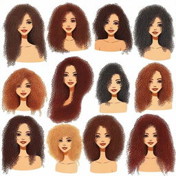 Create an image showcasing a variety of curly hair styles, also known as 'cachos'