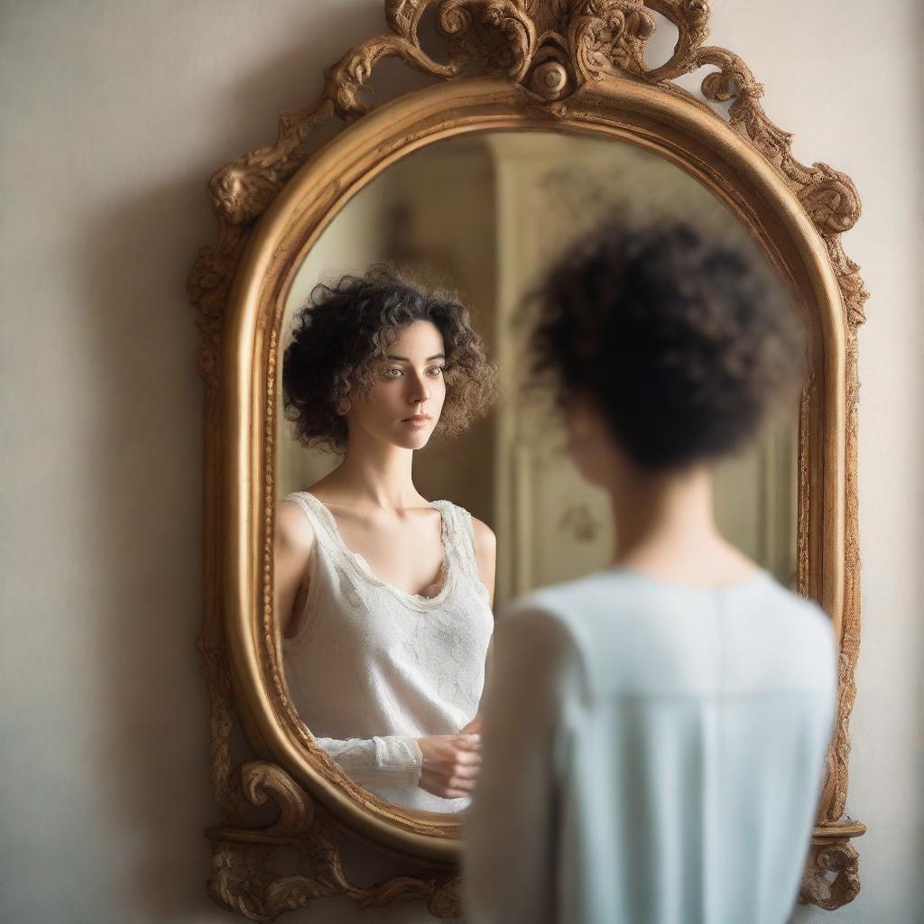 A woman with curly hair looking at herself in a neoclassical mirror