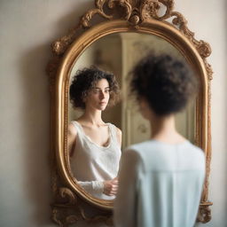 A woman with curly hair looking at herself in a neoclassical mirror