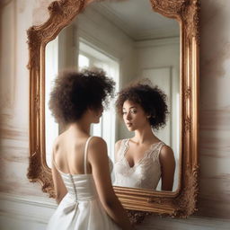 A woman with curly hair looking at herself in a neoclassical mirror