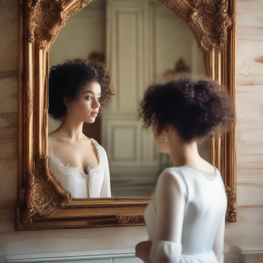 A woman with curly hair looking at herself in a neoclassical mirror